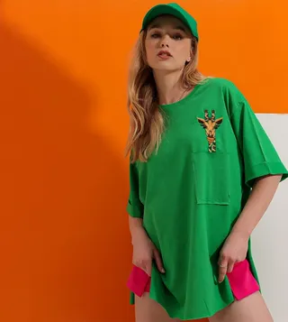 Giraffe Embroidered Oversized T-Shirt 