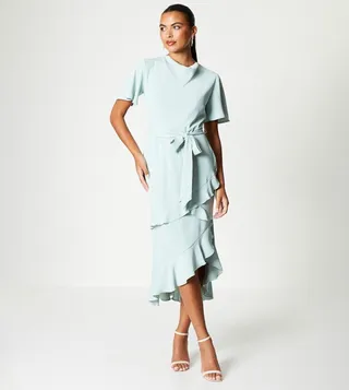 Ruffle Detail Cowl Neck Asymmetric Dress