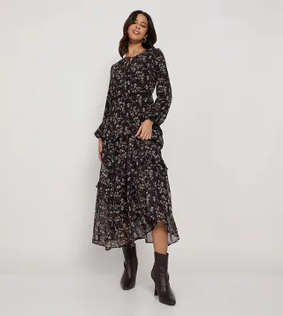 Floral Printed Tie-Up Neck Tiered Dress