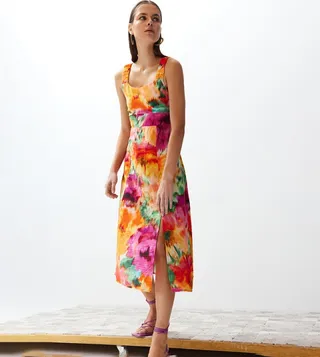 Patterned Slit-Detail Midi Dress