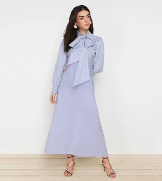 Striped Tie-Up Neck A-Line Dress