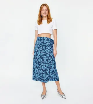 Floral Patterned Wrap Midi Skirt