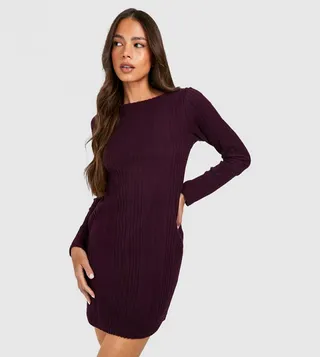 Textured Rib Crew Neck Long Sleeves Mini Dress