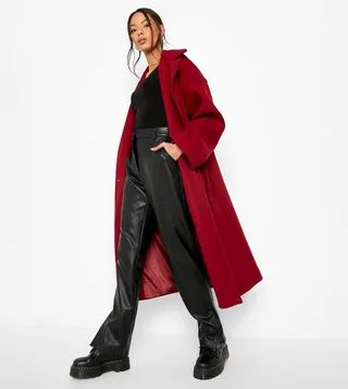 Self Belted Drop Sleeves Wool Look Coat