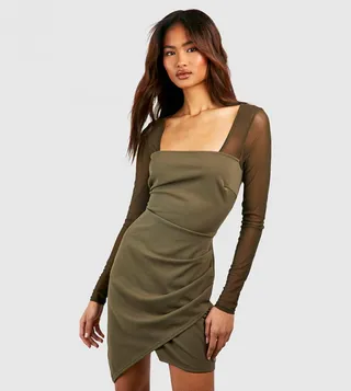 Tall Mesh Square Neck Wrap Mini Dress