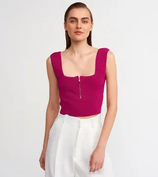 Square Neck Zippered Knitted Singlet Top