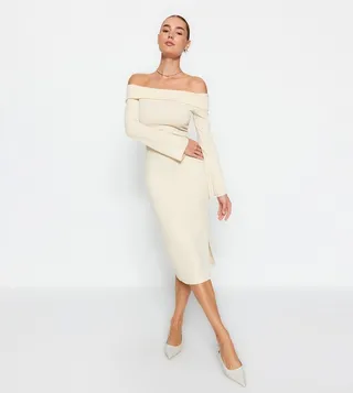 Ribbed Off-Shoulder Knitted Dress