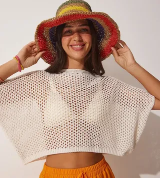 Openwork Bat Sleeves Top