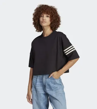 Striped Detail Sleeves Crew Neck Crop T-Shirt