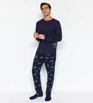 Printed Regular Fit Crew Neck Knitted Pyjama Set