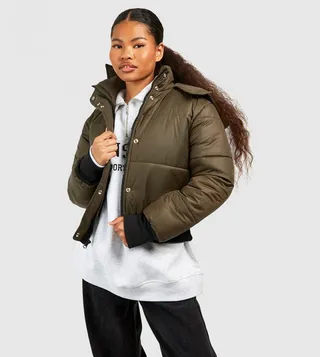 Petite Funnel Neck Rib Detail Puffer Jacket