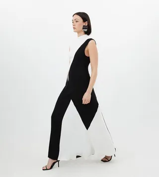 Fluid Tailored Color Block Panel High Neck Midi Dress