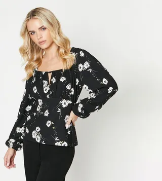 Petite Blouson Long Sleeves Keyhole Detail Top