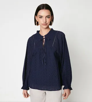 Broderie Tie Neck Trim Top