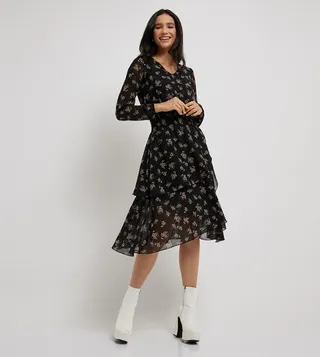 Floral Print Bishop Sleeves Layered Dress