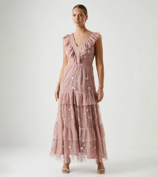 Embroidered Wildflower Mesh Bridesmaids Maxi Dress