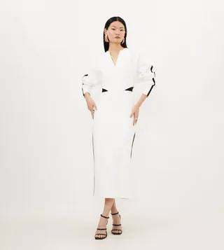 Compact Stretch Contrast Panel Tailored Midi Dress