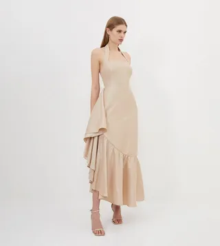 Metallic Taffeta Halterneck Ruffle Hem Midaxi Dress