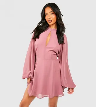 Petite High Neck Volume Sleeves Skater Dress