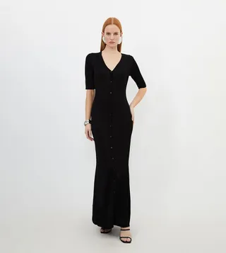 Viscose Blend Slinky Sheer Knit Button Front Midaxi Dress
