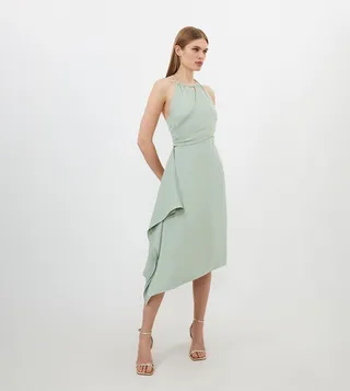 Soft Tailored Draped Wrap Halter Tie Neck Midi Dress