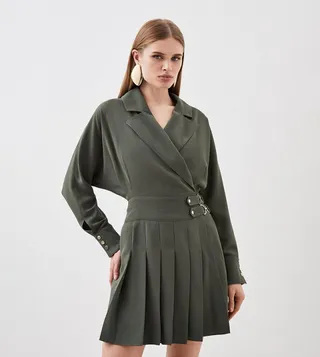 Tailored Crepe Pleated Skirt Wrap Mini Shirt Dress