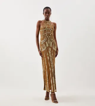 Embellished Geo Halter Maxi Dress