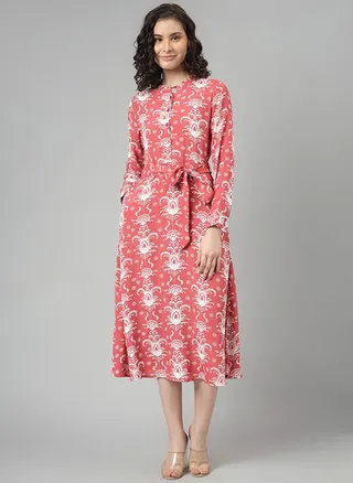 Printed Long Sleeves Midi Dress