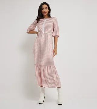 Striped Lace Detail Midi Dress