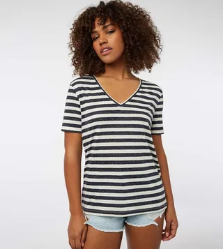 Striped Linen-Blend V-Neck T-Shirt