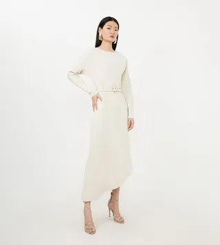 Waterfall Hem Belted Ponte Jersey Maxi Dress