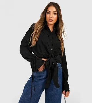 Textured Tie Front Crop Shirt