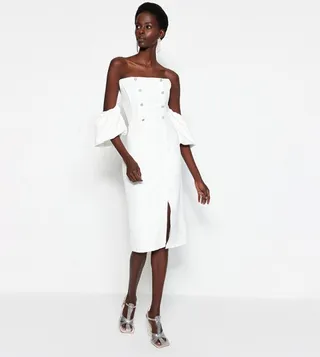Solid Bardot Midi Dress with Slit