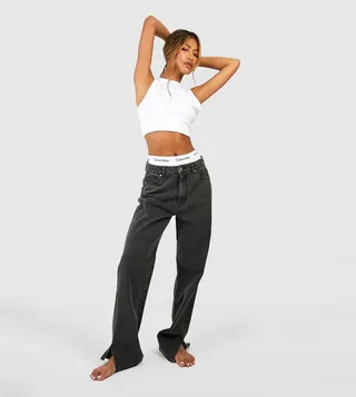 Basics High-Rise Split Hem Straight Leg Jeans