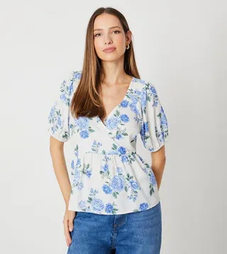 Floral Shirred Shoulder Wrap Top
