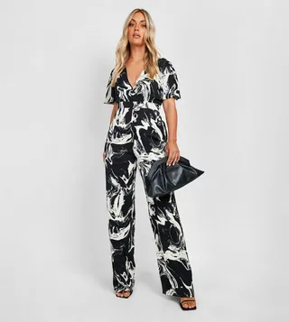 Plus Marble Print Woven Angel Wing Jumpsuit