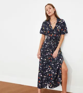 Floral Printed Waist Tie-Up Wrap Dress