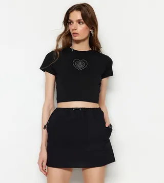 Stone Embellished Crew Neck Crop T-Shirt