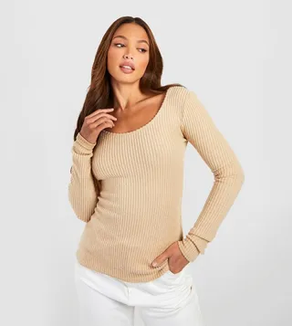 Tall Soft Knitted Rib Scoop Neck Long Sleeves T-Shirt