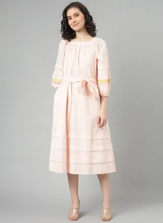 Ruched Neck 3/4 Sleeves Midi Dress