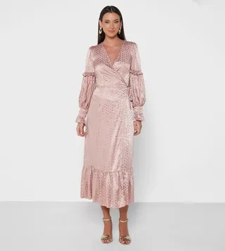 Bishop Sleeves Wrap Midi Dress