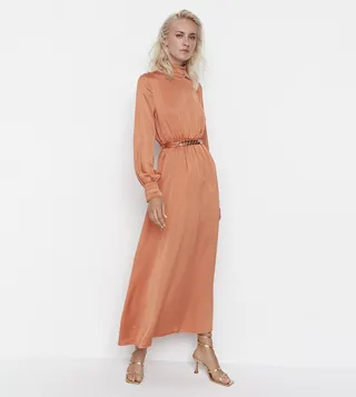 Belted Collar And Cuff Draped Detailed Woven Hijab Evening Dress