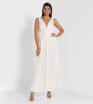 Plunge Neck Pleated Maxi Dress