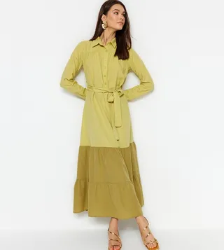 Color Block Waist Belt Tiered Dress