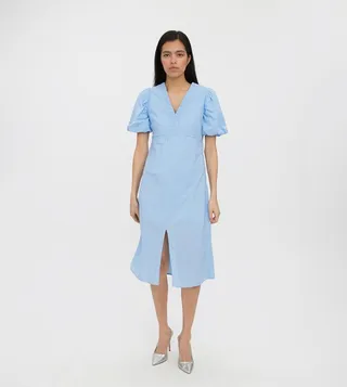 Balloon Sleeve Slit Midi Dress