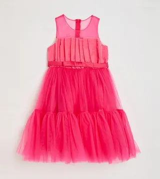 Girl's Bow Front Ruffle Hem Mesh Gown Dress