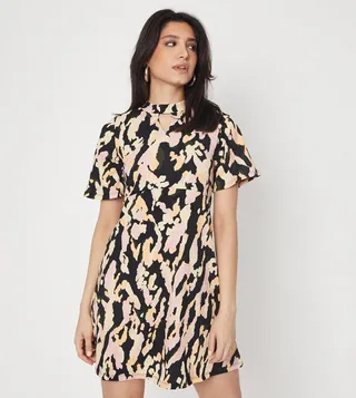 Leopard Keyhole Flutter Sleeves Mini Dress