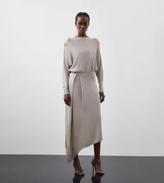 Slinky Viscose Knit Round Sleeves Midaxi Dress