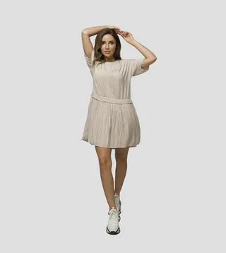 Solid Short Sleeves Pleated Dress
