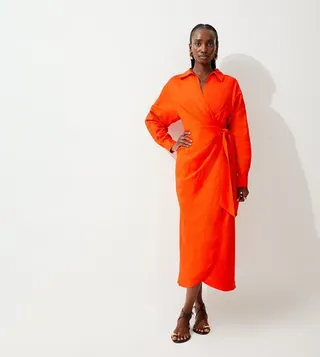 Viscose Linen Woven Tie Wrap Maxi Shirt Dress